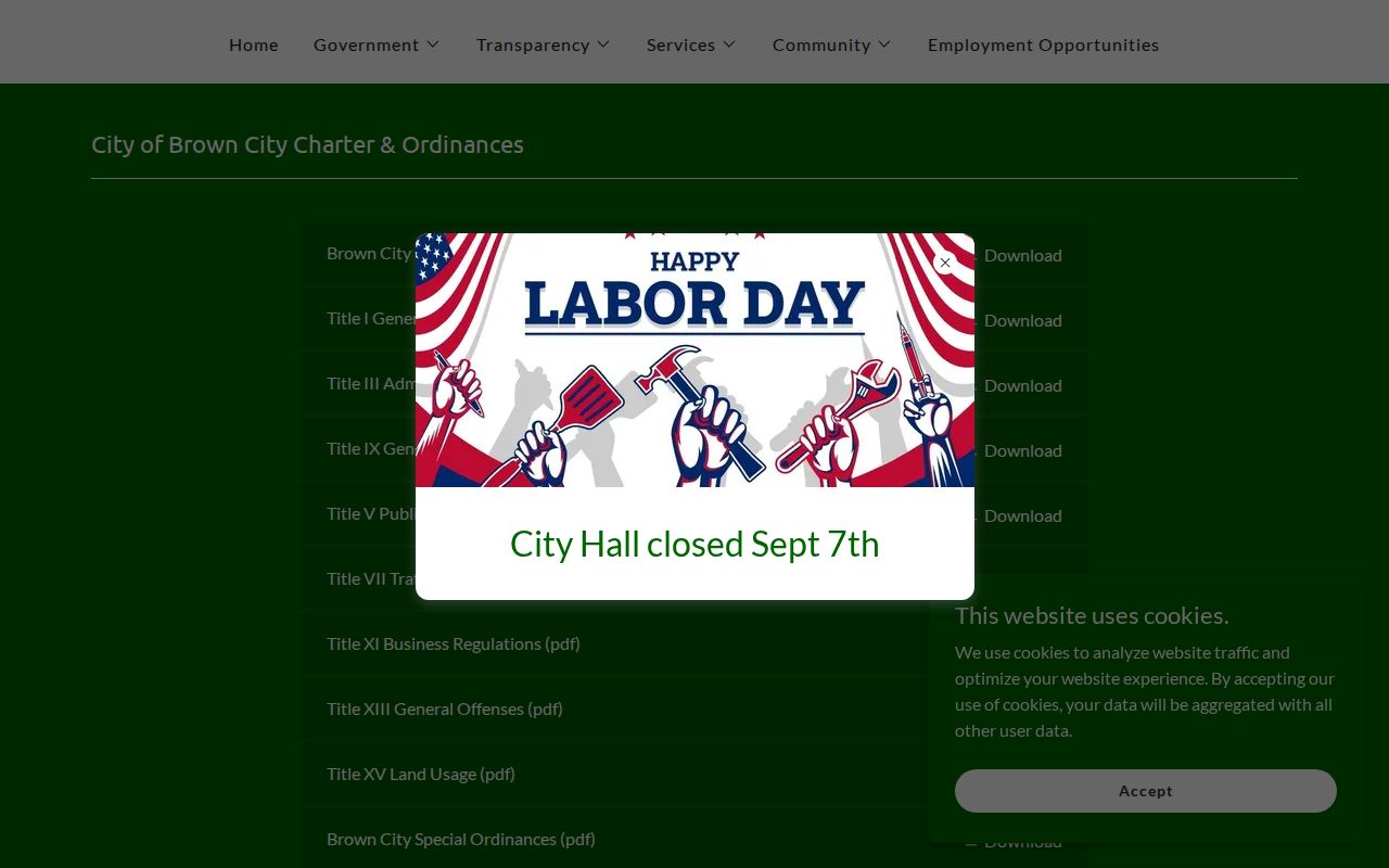 Brown City charter and ordinances page for municipal rule research