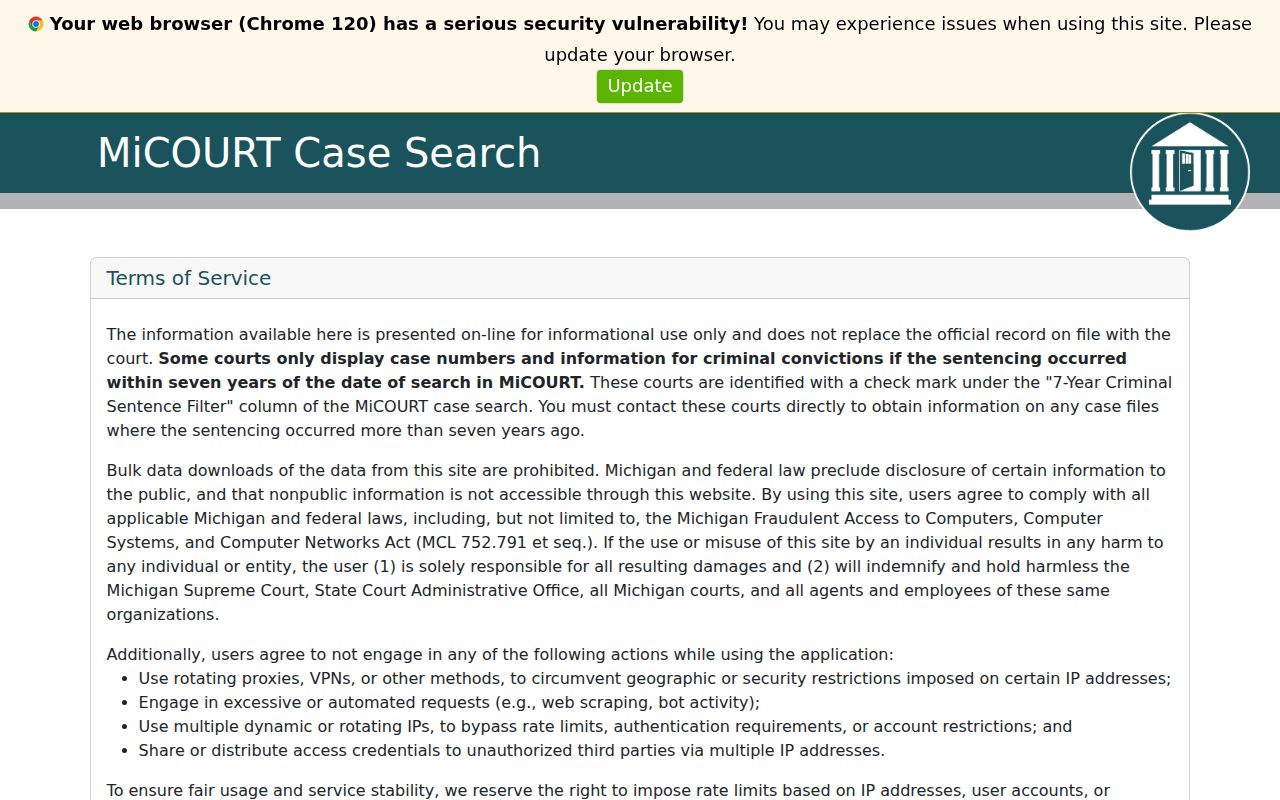Sanilac County case search through the MiCOURT public case-search screen