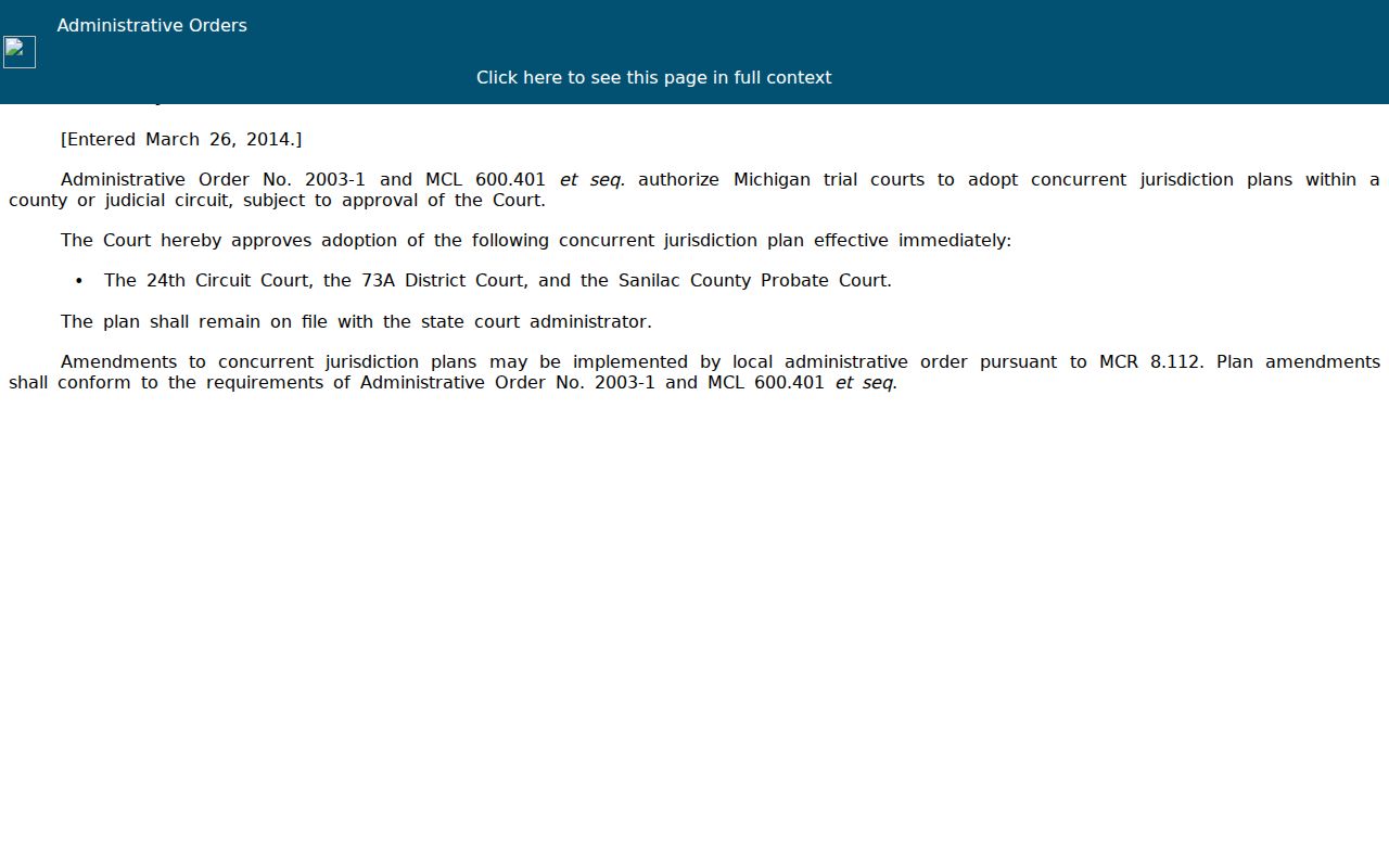 Sanilac County civil docket Michigan court coordination order reference
